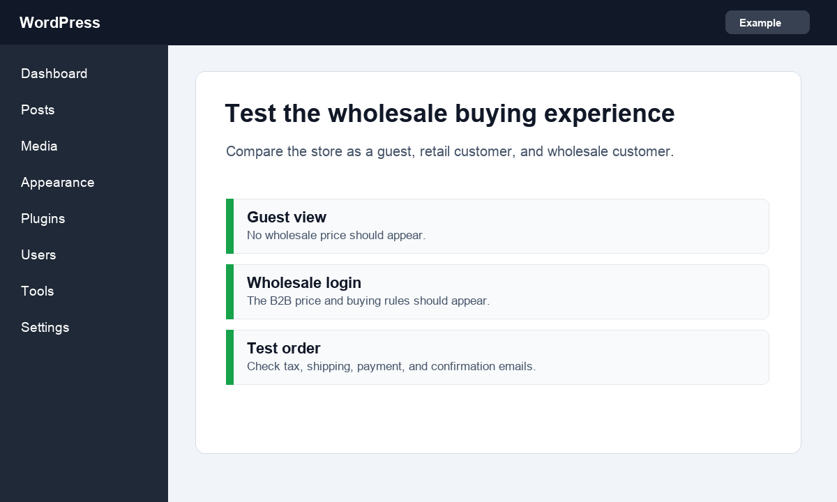 Screenshot showing a wholesale price test on a WooCommerce storefront